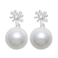 South Sea Shell Stud Earring, with Brass, Round, platinum plated, micro pave cubic zirconia & for woman 