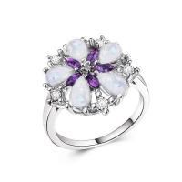 Zinc Alloy Finger Ring, with Opal, Flower, silver color plated & for woman & with rhinestone 