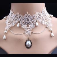 Lace Choker Necklace, with Plastic Pearl & Zinc Alloy, with 1.5lnch extender chain, antique gold color plated, for woman & hollow Approx 14 Inch 
