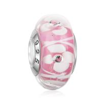 Fashion Lampwork European Bead, Rondelle, handmade, with 925 logo & sterling silver double core without troll, pink Approx 4.5mm 