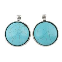 Turquoise Zinc Alloy Pendants, with Synthetic Turquoise, Flat Round, platinum color plated, lead & cadmium free Approx 