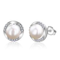 Sterling Silver Natural Pearl Stud Earring, 925 Sterling Silver, with Freshwater Pearl, micro pave cubic zirconia & for woman 