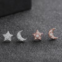 925 Sterling Silver Asymmetric Earrings, Moon and Star, plated, micro pave cubic zirconia & for woman 
