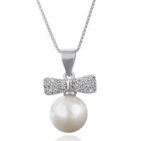 Cultured Pearl Sterling Silver Pendants, 925 Sterling Silver, with Freshwater Pearl, Bowknot, natural, with cubic zirconia Approx 2-3mm 