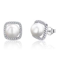 925 Sterling Silver Stud Earring, with Shell Pearl, Square, natural, micro pave cubic zirconia & for woman 