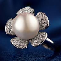 925 Sterling Silver Open Finger Ring, with Shell Pearl, Flower, natural, adjustable & micro pave cubic zirconia, 16mm, US Ring 