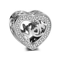 Cubic Zirconia Thailand Sterling Silver European Beads, Heart, word mom, plated, micro pave cubic zirconia & without troll Approx 4.5mm 