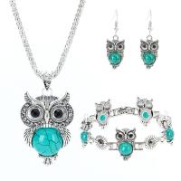 Zinc Alloy Jewelry Set, bracelet & earring & necklace, with Synthetic Turquoise, Owl, silver color plated, lantern chain & blacken Approx 7 Inch, Approx  23 Inch 