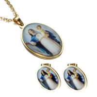 Stainless Steel Saint Jewelry Sets, with Paper, Flat Oval, gold color plated, Christian Jewelry & epoxy gel 