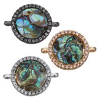 Brass Connector, with Abalone Shell, Flat Round, plated, mosaic & micro pave cubic zirconia & 1/1 loop Approx 1mm 