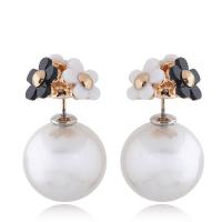 Brass Double Faced Stud Earring, with ABS Plastic Pearl & Acrylic, Round, real gold plated, for woman & with rhinestone, nickel, lead & cadmium free 