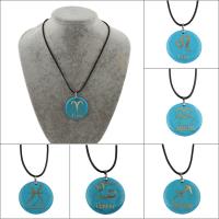 Synthetic Turquoise Necklace, with PU Leather Cord & Brass, with 45mm extender chain, Flat Round, Zodiac symbols jewelry & Unisex Approx 17.3 Inch 