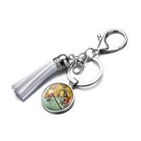Zinc Alloy Key Chain, with PU Leather & Glass, Map, silver color plated, vintage & time gem jewelry & Unisex 25mm 