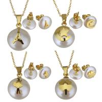 Stainless Steel Jewelry Set, earring & necklace, with Glass Pearl, gold color plated, oval chain & for woman 1.5mm, 10mm Approx 17 Inch 