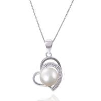925 Sterling Silver Pendant, with Plastic Pearl, Heart, silver color plated, with rhinestone Approx 3-5mm 