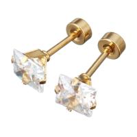 acier inoxydable piercing oreille, avec cristal, Carré, Placage de couleur d'or, pour femme & facettes Vendu par lot