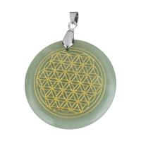 Green Aventurine Pendant, with brass bail, Flat Round, silver color plated Approx 