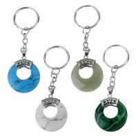 Brass Key Chain, with Gemstone, Donut, silver color plated 25mm 