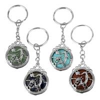 Brass Key Chain, with Gemstone, Flat Round, silver color plated 25mm 