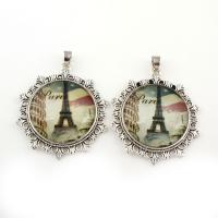 Decal Zinc Alloy Pendants, with Glass, Flat Round, antique silver color plated Approx 