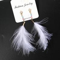 Zinc Alloy Tassel Earring, with Seedbead & Feather, Feather, gold color plated, without stopper & for woman & with rhinestone, 120mm 