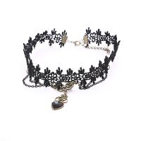 Lace Choker Necklace, with Crystal & Zinc Alloy, with 2lnch extender chain, Heart, antique brass color plated, for woman & faceted, black Approx 15 Inch 