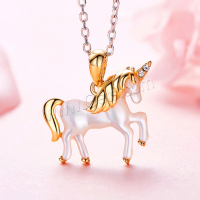 White Shell Pendants, 925 Sterling Silver, with White Shell, Unicorn, 18K gold plated, with rhinestone Approx 3-5mm 