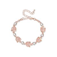 Zinc Alloy Bracelet, with Cats Eye, with 6cm extender chain, Flower, rose gold color plated, oval chain & for woman & with rhinestone, 18mm,6mm, Inner Approx 50mm Approx 5.9 Inch 