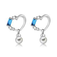 Cubic Zircon Brass Earring, with ABS Plastic Pearl, silver color plated, for woman & with cubic zirconia 