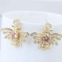 Cubic Zircon Brass Earring, sterling silver post pin, Bee, gold color plated, for woman & with cubic zirconia 
