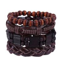 PU Leather Bracelet Set, with Linen & Wood, handmade, Unisex & adjustable Approx 7 Inch 