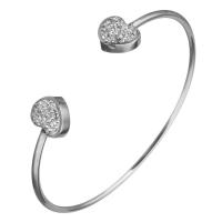 Stainless Steel Cuff Bangle, with Rhinestone Clay Pave, Heart, for woman, original color, 11mm, 2mm, Inner Approx 57mm 