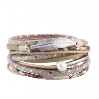 Cowhide Bracelets, with pearl & Zinc Alloy, Feather, plated, multilayer & for woman 13mm Approx 22.8 Inch 
