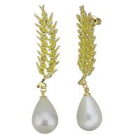 Brass Drop Earring, with Glass Pearl, Teardrop, real gold plated, for woman & with cubic zirconia, 49mm 