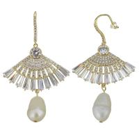 Cubic Zircon Brass Earring, with rubber earnut & Glass Pearl, real gold plated, for woman & with cubic zirconia, 57mm 