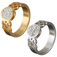 Rhinestone Stainless Steel Finger Ring, with Rhinestone Clay Pave, Flat Round, plated & for woman & hollow 9mm 