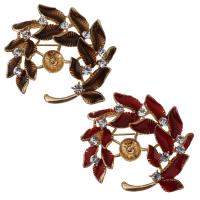 Zinc Alloy Brooch Finding, Leaf, gold color plated, enamel & with rhinestone 44xx 1mm, Inner Approx 8mm 
