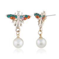 Plastic Pearl Zinc Alloy Earring, with Plastic Pearl, Bee, plated, for woman & with rhinestone 