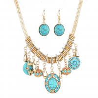 Turquoise Zinc Alloy Jewelry Sets, earring & necklace, with turquoise, gold color plated, mesh chain & for woman, green Approx 18.5 Inch 