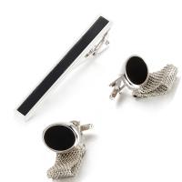 Brass Tie Clip Cufflink Set, with Agate, silver color plated, for man, black  