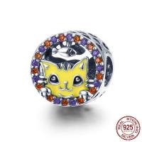 No Troll Thailand Sterling Silver European Beads, Cat, micro pave cubic zirconia & without troll & enamel Approx 4.5-5mm 