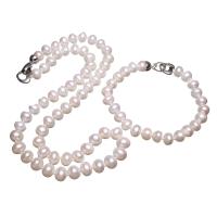 Brass Freshwater Pearl Jewelry Sets, bracelet & necklace, with Brass, Potato, silver color plated, for woman Approx 7.1 Inch, Approx 18.1 Inch 