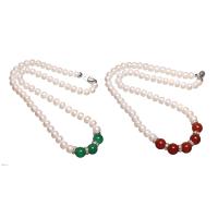 Gemstone Freshwater Pearl Necklace, with Gemstone & Brass, silver color plated & for woman & with rhinestone Approx 18.5 Inch 