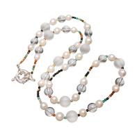 Gemstone Freshwater Pearl Necklace, with Gemstone & Quartz & Brass, silver color plated, for woman Approx 22 Inch 
