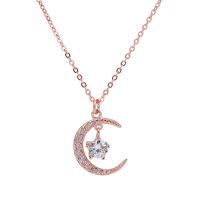 Sterling Silver Jewelry Necklace, Brass, Moon and Star, plated, oval chain & for woman & with rhinestone Approx 19.69 Inch 