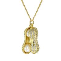 Cultured Pearl Sterling Silver Pendants, 925 Sterling Silver, with Freshwater Pearl, Peanut, real gold plated, micro pave cubic zirconia  Approx 1-3mm 