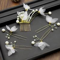 Wedding Jewelry Set, Cloth, hair comb & hair stick, with Plastic Pearl & Zinc Alloy, Butterfly, gold color plated, for bridal & with rhinestone, 130mm 