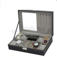 Boîte de montre en cuir, cuir PU, avec Peluche & verre & alliage de zinc, rectangle, Portable, noire Vendu par PC