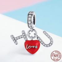 Thailand Sterling Silver European Pendant, Heart, with letter pattern & micro pave cubic zirconia & without troll & enamel, red, 21mm Approx 4.5-5mm 