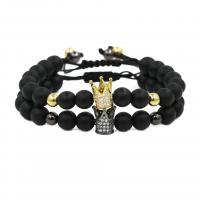 Black Stone Woven Ball Bracelets, with Nylon Cord & Brass, Crown, plated, Unisex & adjustable & micro pave cubic zirconia 8mm Approx 7.1-7.8 Inch 